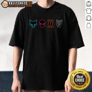 Official Fox Alien Castle Harp Mystic Icons Emblem Shirt featuring unique mystical designs and vibrant colors.