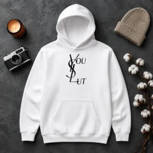 Original Ysl You Slut Parody Hoodie in black, featuring bold parody text on front with a comfortable fit