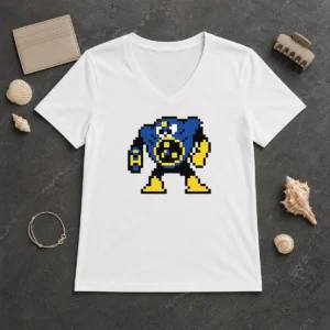 Original Blue Robot Pixel Art Mega Man Style V-Neck Shirt