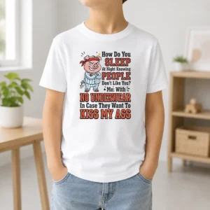 Official How Do You Sleep At Night Knowing People Dont Like You Me With No Underwear In Case They W Kids T-Shirt