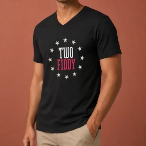Premium Two Fiddy Stars V Neck Shirt displaying a comfortable slim-fit design with star graphic on front