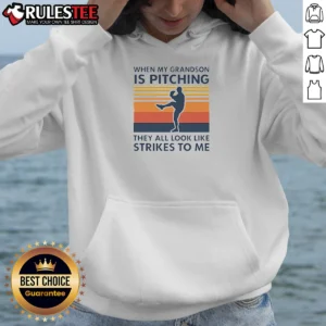 Original When My Grandson Is Pitching They All Look Like Strikes To Me Hoodie in dark grey, front view with kangaroo pocket and drawstring hood