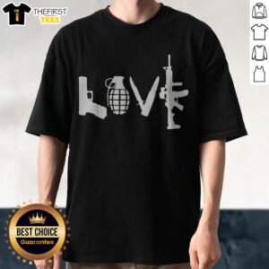 Top Love Weapon Symbol Gun Grenade Knife Tactical Military Arms Force Army Logo Shirt displayed on a neutral background