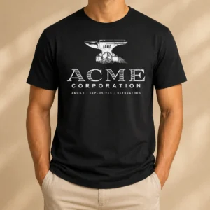 Original ACME Corporation Anvils Explosives Detonators graphic printed on a black cotton crew neck t shirt