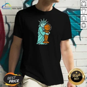 Funny Statue Of Liberty Hug Larry O'Brien Trophy Knicks Forever V Neck Shirt v neck optimized front view