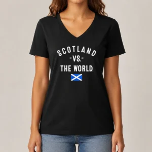 Premium Scotland Vs The World Saltire Flag Scotland Pride National Heritage FIFA World Cup 2026 V Neck Shirt displayed on a white background