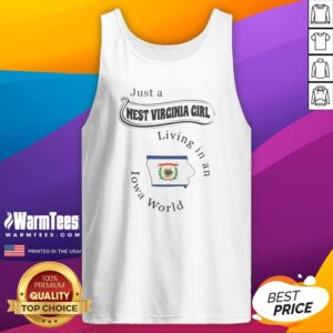 Funny Just A West Virginia Girl Living In An Iowa World tank top in a vibrant color, perfect for casual wear.