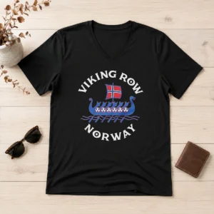 Pretty Viking Row Noway Ship With A Norwegian Flag Sail And Soccer Balls Along The Side V-Neck Shirt