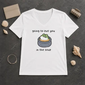 Good Frog Going To Put You In The Soup V Neck Shirt in dark color, soft fabric with short sleeves