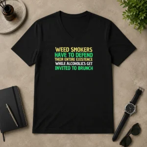 Pretty Weed Smokers Have To Defend Their Entire Existence While Alcoholics Get Invited To Brunch graphic on a black v neck shirt