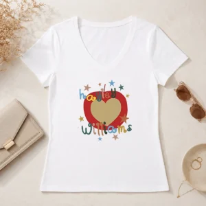 Official Williams Apple Heart Star Pop V Neck Shirt in white, featuring a colorful apple, heart, and star graphic