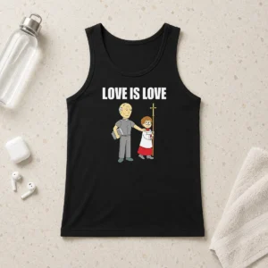 Nice Love Is Love Priest And Altar Boy Satire Tank Top in black, sleeveless casual wear with bold graphic print