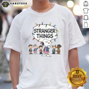 Nice Snoopy Eleven Peanuts Stranger Things Characters And Lights shirt featuring iconic characters and vibrant lights.