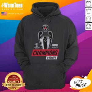 Funny Paris Saint Germain PSG UEFA Champions League Champions D'Europe 2026 Trophy hoodie displayed on a hanger