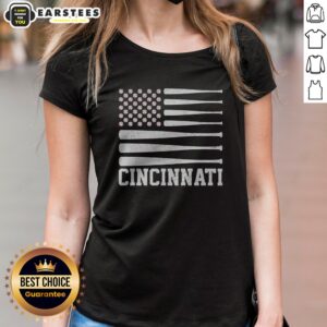 Pretty Cincinnati Baseball Bat American Flag ladies shirt featuring a vibrant design and comfortable fit.