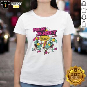 Alt Text: Premium New Jersey Dude cartoon characters graphic on a stylish ladies tee, perfect for casual wear.