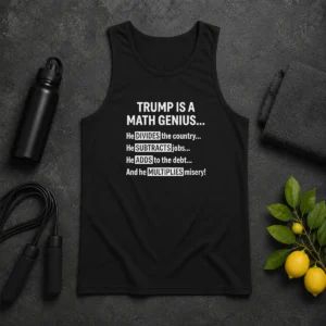 Top Trump Is A Math Genius He Divides The Country He Subtracts Jobs graphic on a black sleeveless tank top