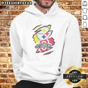 Funny Pittsburgh Steelers Ohio State Buckeyes Torn Logo Graphic Sport Hoodie displayed on a wooden background
