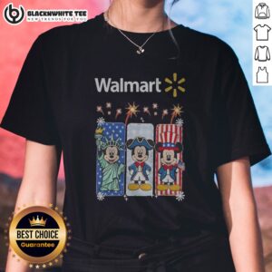 Awesome Walmart Mickey Mouse Statue Of Liberty Patriot Independence Day Ladies Shirt in navy blue with patriotic graphic