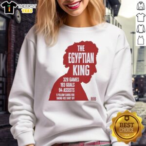 Alt Text: Premium Mohamed Salah Liverpool sweatshirt featuring The Egyptian King silhouette with stats: 328 games, 193 goals, 94 assists.