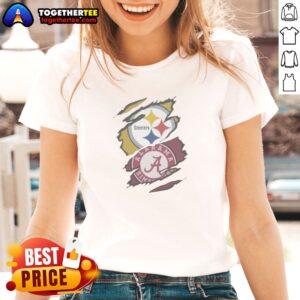 Premium Pittsburgh Steelers Alabama Crimson Tide Dual Team Logo Design Ladies shirt featuring vibrant team logos.