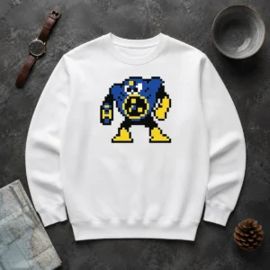 Original Blue Robot Pixel Art Mega Man Style sweater in blue with pixel art design on front, crewneck knit garment