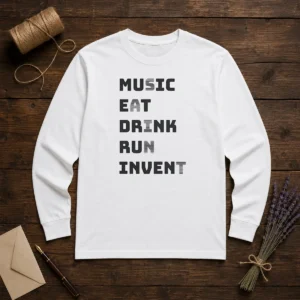Good Music Eat Drink Run Invent long sleeve shirt in white, featuring bold black text design on front
