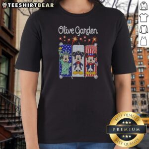 Nice Olive Garden Mickey Mouse As Statue Of Liberty And Uncle Sam USA Ladies Shirt featuring patriotic graphic on olive green fabric