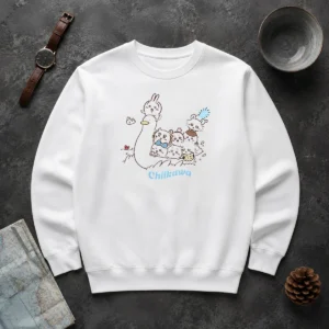 Premium Chiikawa Characters and Duck Friend illustration on a cozy crewneck sweater in soft fabric