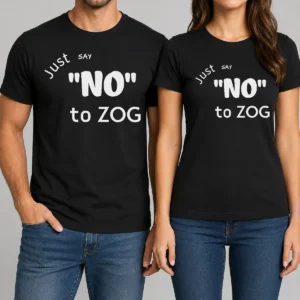 Original Randy Weaver Just Say No To Zog t shirt in black, featuring bold white text on front