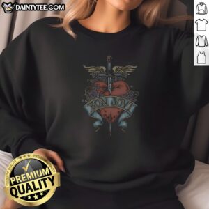 Awesome Bon Jovi Heart And Dagger Sweatshirt featuring a classic rock band graphic on a cozy crewneck sweatshirt