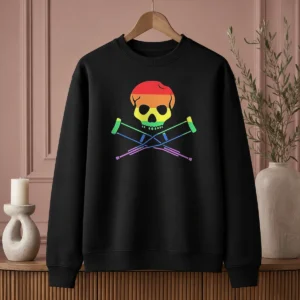 Premium Rainbow Skull And Crutches Pride Symbol Disability Awareness Sweater in vibrant colors on a comfortable crewneck garment