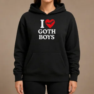 Original I Love Goth Boys Hoodie in black with white graphic print, front view with hood up