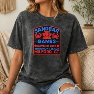 Pretty Sandbar Games Summer 2026 Woodmont Beach Milford CT Crab Trophy Washed T-Shirt