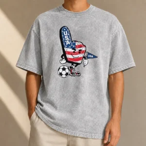 Original USA Soccer Mascot Foam Finger With Ball And Pennant on a soft washed t shirt in white