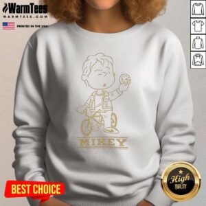 Top Mikey Goonies Character On BMX Bike Riding With Coin Illustration sweatshirt displayed in a vibrant setting.