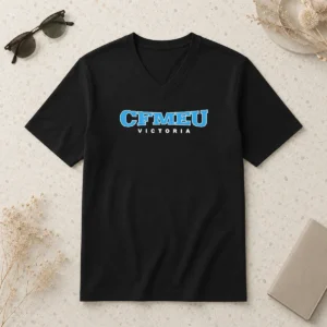 Awesome Cfmeu Victoria Blue Logo V Neck Shirt in vibrant blue with clear logo on chest