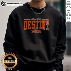 Top New York Knicks Destiny 2026 Bold Arch Championship Basketball Text Sweashirt in navy blue with vibrant orange and white lettering