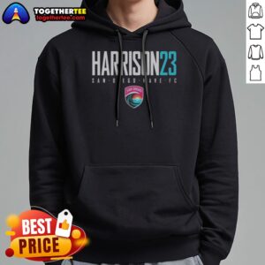 Pretty San Diego Wave FC Harrison 23 San Diego Wave FC Soccer Team Hoodie displayed in vibrant colors.