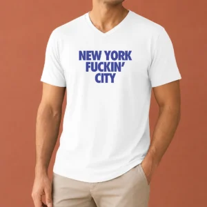 Premium New York Fuckin City Text Typography V Neck Shirt in black showing front design and short sleeves