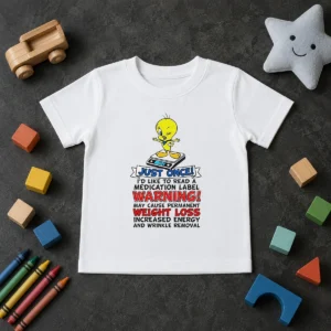 Funny Tweety Bird Just Once I'D Like To Read A Medication Label Warning Kids T-Shirt