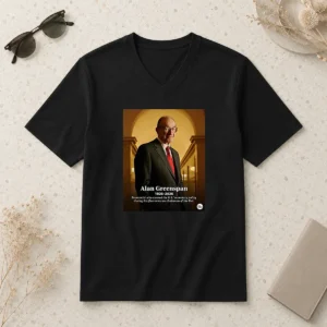 Pretty Alan Greenspan 1926 2026 Economist WHO Steered The US Monetary Policy During His Five Term V Neck Shirt in white, front view