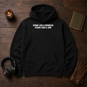 Original Work Like A Mexican Stack Like A Jew Text Hoodie in black with front text design, cozy pullover style