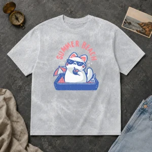 Top Summer Beach Cat Washed T-Shirt