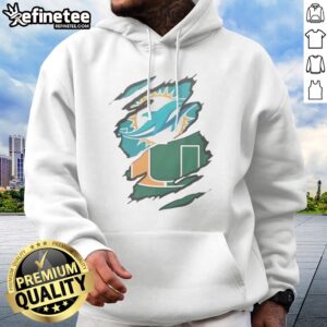 Official Miami Dolphins And Miami Hurricanes Ripped Logo Design Apparel hoodie showcasing vibrant team logos.