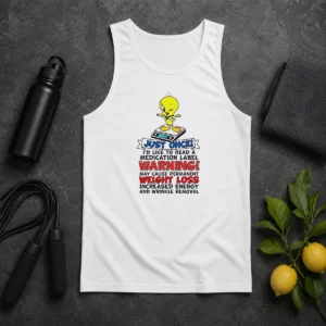 Funny Tweety Bird Just Once I'D Like To Read A Medication Label Warning Tank Top in black, sleeveless casual wear