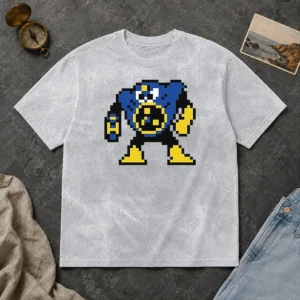 Original Blue Robot Pixel Art Mega Man Style Washed T Shirt with retro pixel design on soft cotton fabric