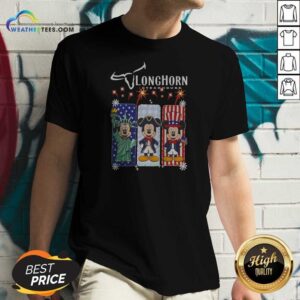 Hot Longhorn Steakhouse Mickey Mouse Patriotic USA Characters v neck optimized soft cotton blend shirt