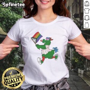 Awesome Philadelphia Phillies Pride Mascot Running With Progress Flag girlt shirt showcasing vibrant colors and a fun design.