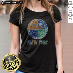 New York Yankees Knicks Islanders Jets 4 Teams Sports Logo Ladies Shirt
